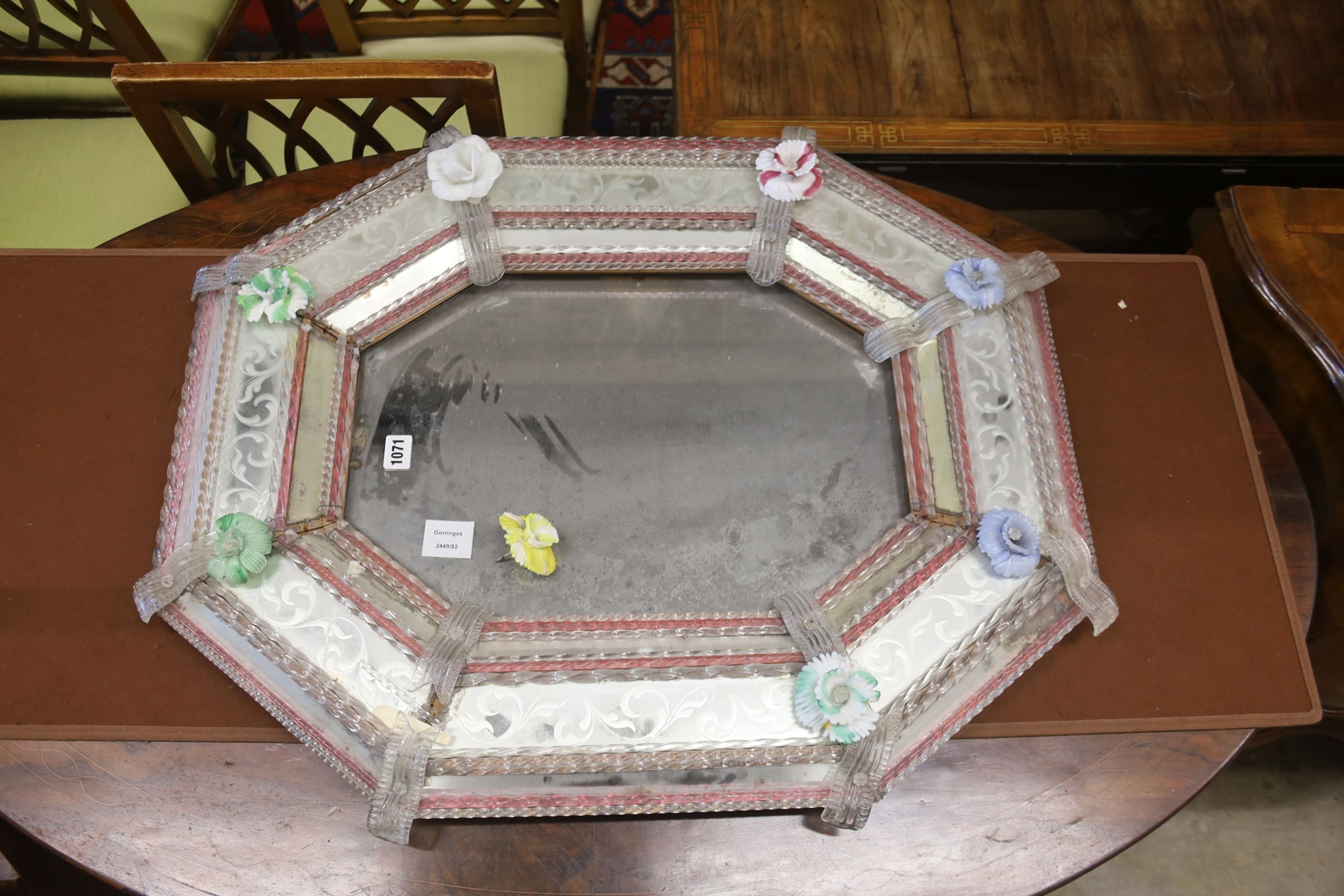 A Venetian octagonal engraved glass wall mirror (with damage), width 66cm, height 78cm